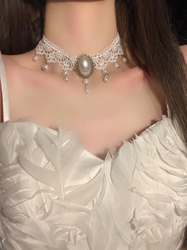 Lace Choker Necklace for Women Tassel Pendant Choker Necklaces Elegant Boho Collar Necklaces Statement Artistic Chain Necklace with Pearl Halloween Party Cosplay Costume Jewelry - color: White Lace Pearl-4