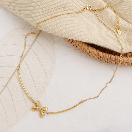 Gold Pendant Pearl Layered Choker Necklace Set for Woman, Chunky Charm Adjustable Pearls Bead Gemstone Shell Conch Tiger Eye Natural Stone Bow Chain Nacklaces Fall Fashion Prom Jewelry Gift. - color: Bow