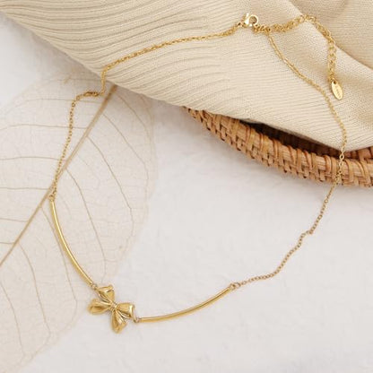 Gold Pendant Pearl Layered Choker Necklace Set for Woman, Chunky Charm Adjustable Pearls Bead Gemstone Shell Conch Tiger Eye Natural Stone Bow Chain Nacklaces Fall Fashion Prom Jewelry Gift. - color: Bow