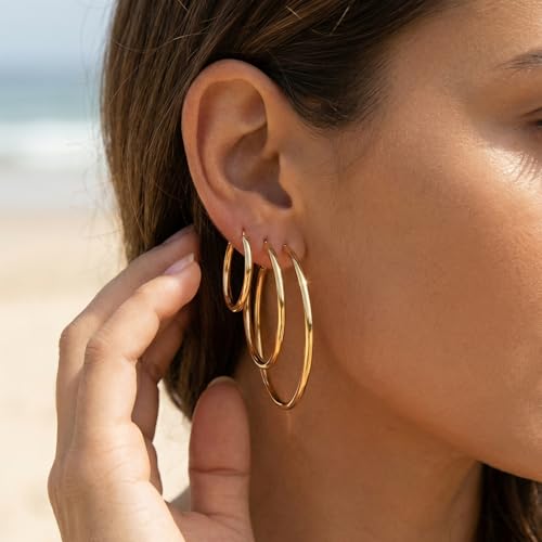 4/5/6 Pairs Gold Hoop Earrings for Women, Hypoallergenic Silver Gold Plated Stainless Steel Huggie Hoop Earrings Set Trendy Jewelry Gifts Lightweight 30/40/50/60/70MM - color: 5 Pairs gold Plated Hoop Earrings-30/40/50/60/70mm