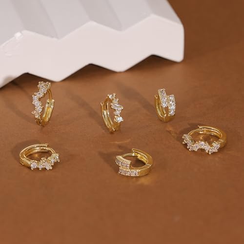 CZ Huggie Earrings for Women, Dainty Gold Earring Stacks 14K Gold Plated Small Huggie Hoop Earrings for Women Trendy Hypoallergenic Cute Unique Gold Earrings Set Fashion Gold Womens Jewelry - color: Gold-set2