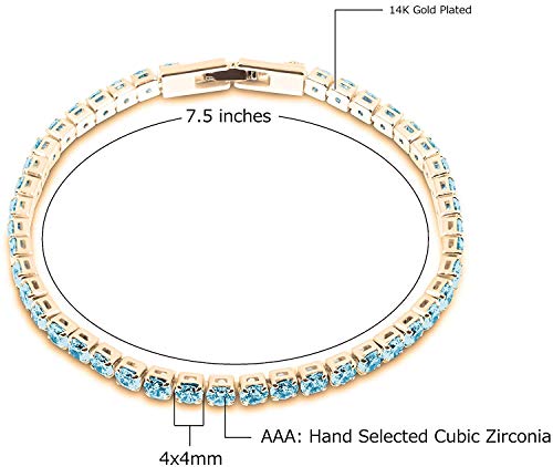 Savlano 14K Gold Plated Cubic Zirconia Round 4MM Classic Tennis Bracelet For Women - style: Yellow Gold/Blue