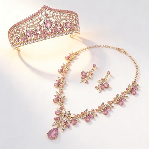 Princess Tiara Crown and Jewelry Sets for Women Wedding Rhinestone Crystal Tiaras and Crowns with Necklace Earrings Party Birthday Accessories - color: Opal Pink