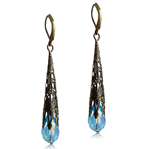 Indian Ethnic Vintage Gold Brone Sparkly Crystal Teardrop Dangle Drop Earrings Bohemian Gypsy Retro Rhinestone Hook Earrings for Women Love Statement Jewelry Gift - color: Sky Blue