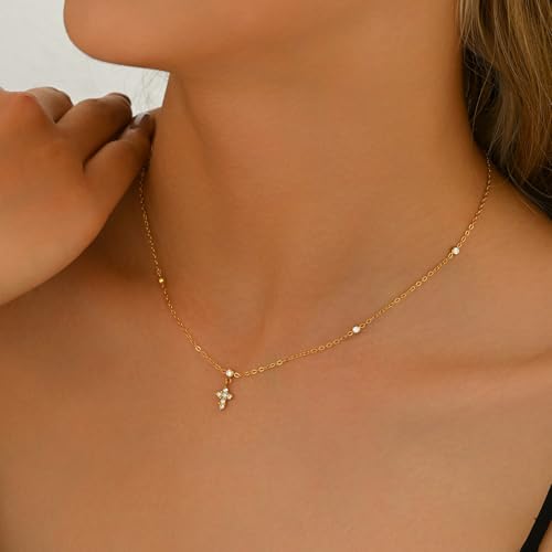 Dainty 18K Gold Plated Lariat Necklace for Women Delicate Y Chain Rose Pearl Diamond Long Drop Necklace Layering Bridal Jewelry Gift - color: Tiny CZ&Cross-Gold