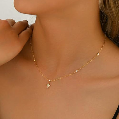 Dainty 18K Gold Plated Lariat Necklace for Women Delicate Y Chain Rose Pearl Diamond Long Drop Necklace Layering Bridal Jewelry Gift - color: Tiny CZ&Cross-Gold