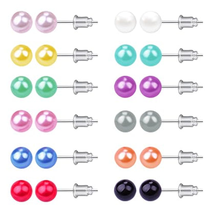12 Pairs Colorful Pearl Stud Earrings for Women Stainless Steel Small Studs Set - color: 4mm