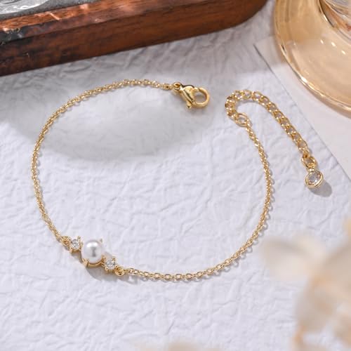 Bracelets for Women, Dainty Gold Silver Ring Bracelet Hand Chain | Cubic Zirconia Pearl Charms, 14K Gold Plated, Adjustable Fit, Trendy Stackable Link Chain, Waterproof Jewelry, Gift for Her - color: Gold-pearl cz bracelet