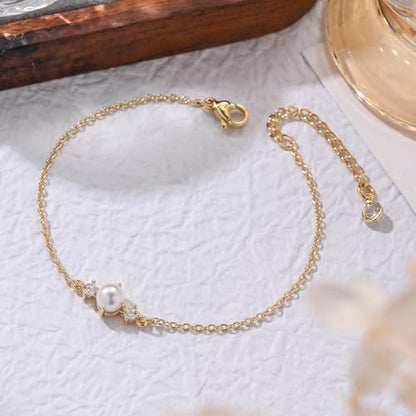 Bracelets for Women, Dainty Gold Silver Ring Bracelet Hand Chain | Cubic Zirconia Pearl Charms, 14K Gold Plated, Adjustable Fit, Trendy Stackable Link Chain, Waterproof Jewelry, Gift for Her - color: Gold-pearl cz bracelet
