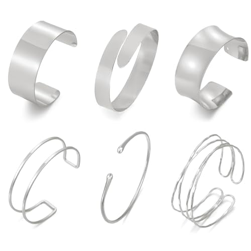 BROCC 6PCS Arm Cuff Jewelry for Women Upper Arm Cuff Bangle | Open Wide Bangle, Irregular Minimalist, Adjustable, Coil Armband Set - color: B