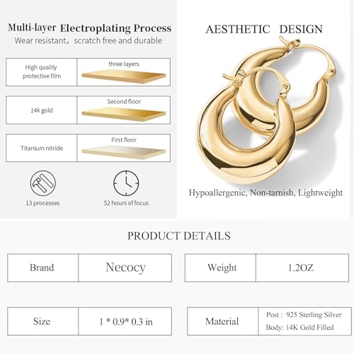 Necocy Chunky Gold Hoop Earrings for Women Non Tarnish, 14k Gold Plated Thick Triple Hoop Earrings Hypoallergenic Trendy Hoops Dainty Jewelry Gifts for Women - style: simple hoop earrings