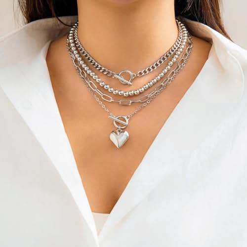 Otxas Layered Gold Necklaces for Women Non Tarnish Chunky Necklace | Stacked Necklaces for Women Heart Pendant Toggle Necklace Paperclip Chain Necklaces for Daily Wear, Party, Gift - style: Style 2