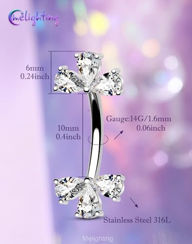 Melighting 14G Double Teardrop CZ Gold Belly Button Ring 316L Surgical Steel Navel Ring 3 Stone Drop Design Belly Bar Piercing Jewelry for Women 8 mm/10 mm - color: Steel, size: 14G10mm
