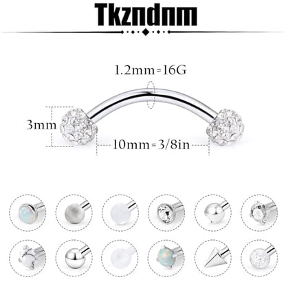 16g 8/10mm Silver/Black/Rose-Gold/Rainbow Eyebrow Piercing Jewelry Rings Curved Barbell Vertical Labret Lip Surgical Steel Small Belly Button Snake Eyes Tongue Rook Earrings for Women Men - color: Surgical Steel, size: 16g*10mm*3mm