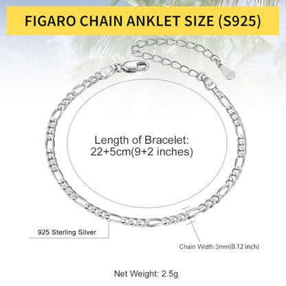 ChainsHouse Ankle Bracelets for Women, Stainless Steel Beaded Chain Ankle Bracelet, Womens Heart Anklets for Summer Beach Jewelry Gifts - color: D: figaro-3mm-sterling silver