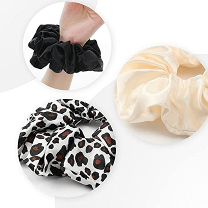 Scrunchies Hair Ties Silk Satin Scrunchy - Hair Elastics Bands Ponytail Holder Pack of Neutral Scrubchy Hair Accessories for Women Girls - color: Leopard Black