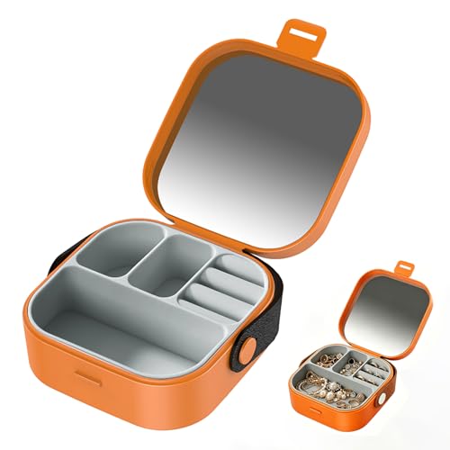 Mini Box Portable Travel Jewelry Box with Mirror, Multifunctional Storage Case for Earrings, Necklaces, Rings and Other Small Items (Orange) - color: Orange