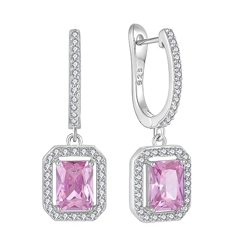 Women's Solitaire Dangle Drop Earrings 925 Sterling Silver Pure Square Huggie Earrings Hoop Dangle Drop Earrings Jewelry Gift - color: 10-pink tourmaline-Oct