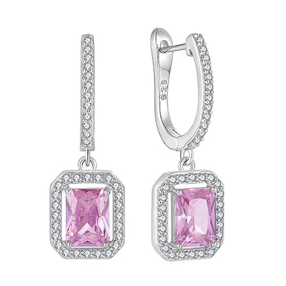 Women's Solitaire Dangle Drop Earrings 925 Sterling Silver Pure Square Huggie Earrings Hoop Dangle Drop Earrings Jewelry Gift - color: 10-pink tourmaline-Oct