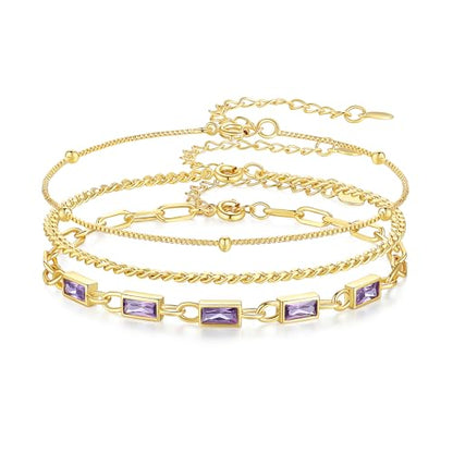 Gold Birthstone Bracelet for Women, 18K Gold Plated Layered Jewelry Bracelet Set, Womens Dainty Stackable Bracelets Link Paperclip Chain Valentines Day Gift for Wife Her - color: Gold-02-Feb.