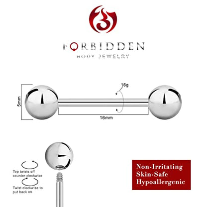 Forbidden Body Jewelry nipple barbell, nipple bars, silver nipplerings piercing Surgical Steel 8g - 18g Straight Barbell Body Jewelry (Sold Individually) - style: 16G 16mm (5/8") 5mm Balls