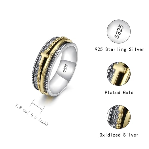 Sariel Cross Fidget Ring for Women - 925 Sterling Silver Spinner Rings Spinning Band Rings Wide Hammered - color: Gold-