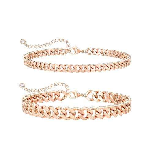 Ankle Bracelets for Women Waterproof 14K Gold/Silver Plated Chain Anklets | Trendy Gold Anklets,Layered 14K Gold Plated Stackable Chunky Cuban Link Chain Anklet Bracelet Set,Summer Beach Jewelry Gift - color: 2 cuban-rs