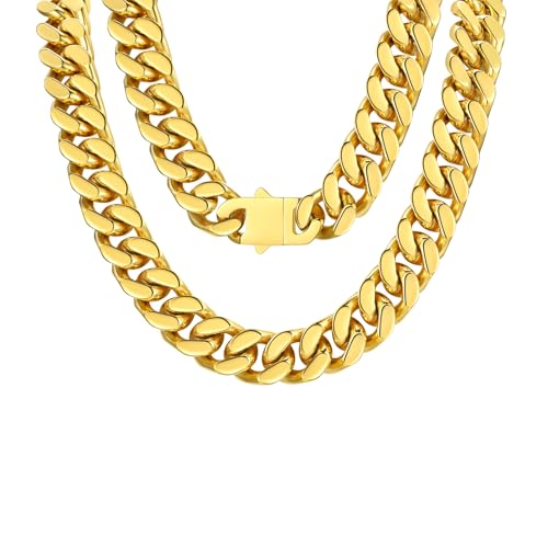 FindChic Cuban Link Chain Necklace for Women Men, Silver/Gold Plated Stainless Steel Solid Miami Curb Chain Hip Hop Punk Statement Jewelry, 5/12/14mm Width, 16/18/20 Inch Length, with Gift Box - color: 06. 14mm-Gold, size: 16inches