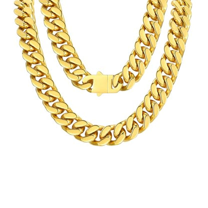 FindChic Cuban Link Chain Necklace for Women Men, Silver/Gold Plated Stainless Steel Solid Miami Curb Chain Hip Hop Punk Statement Jewelry, 5/12/14mm Width, 16/18/20 Inch Length, with Gift Box - color: 06. 14mm-Gold, size: 16inches