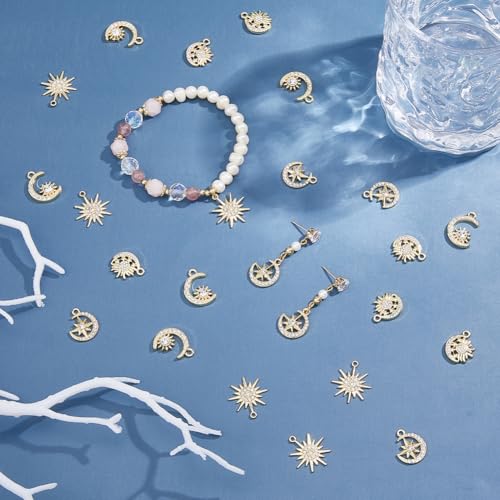 DICOSMETIC 24Pcs 4 Styles Alloy Sun Moon Star Charms Rhinestone Crystal Sun Charms Golden Celestial Charm for Jewelry Making Bracelets Necklace, Hole: 1.4-1.8mm