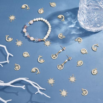 DICOSMETIC 24Pcs 4 Styles Alloy Sun Moon Star Charms Rhinestone Crystal Sun Charms Golden Celestial Charm for Jewelry Making Bracelets Necklace, Hole: 1.4-1.8mm