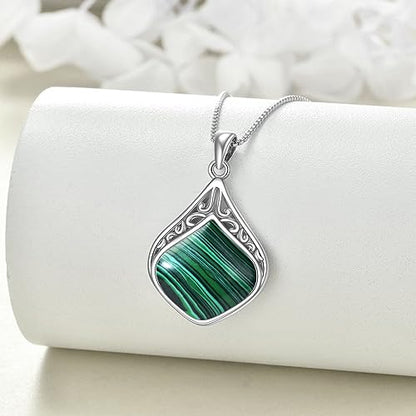 YAFEINI Teardrop Necklace Sterling Silver Filigree Irish Pendant Necklace Natural Stone Moonstone/Lapis Lazuli/Larimar/Moss Agate Necklace Jewelry - color: Malachite teardrop necklace
