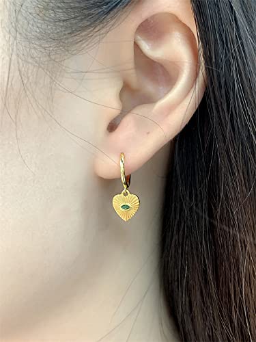 Heart Evil Eye Dangle Small Hoop Earrings for Women Girls 925 Sterling Silver Green CZ Eyes Charms Drop Dangling Huggie Hoops Cartilage Cuff Hypoallergenic Earring Gifts Birthday Christmas Valentine - color: Gold