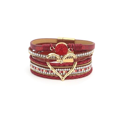 Fuqimanman2020 Heart Leather Wrap Bracelets Boho Stackable Cuff Bangles Resin Stone Rhinestone Bracelets with Clasp Christmas Jewelry Gift for Women - color: Wine Red