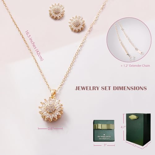 Rotating Sunflower Necklace & Earrings Jewelry Set for women| Gold coating Titanium Alloy with Sparkling Cubic Zirconia| Jewelry box +Tote Bag +3D Card |Gift for Birthday, Anniversary or Mother's Day - color: SpinningSun