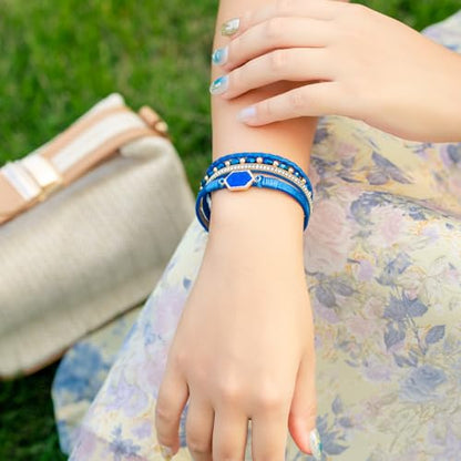 FANCY SHINY Crystal Beaded Leather Wrap Bracelet Stackable Boho Jewelry for Women Resin Stone Bangle Cuff with Magnetic Clasp - color: Blue