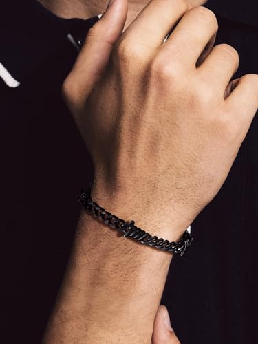 Bandmax Barbed Wire Chain Bracelets for Men Women Stainless Steel/Black/Gold Thorn Cuban Link Bracelet Adjustable Punk Emo Style Jewelry Gift - color: 08 7MM-Black Plated