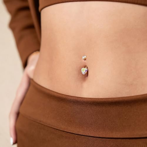 2pcs 14k Gold Filled Belly Button Rings, 14G 8mm/10mm/12mm Threaded Barbell Belly Button Piercing, Navel Ring Piercing Jewelry - color: 14K GF-2pcs-AB Heart CZ-12mm