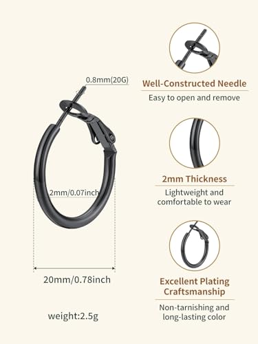 FindChic Thin Hoop Earrings for Women,Silver/Black/Gold Plated 20-100mm - color: Black, size: 20mm
