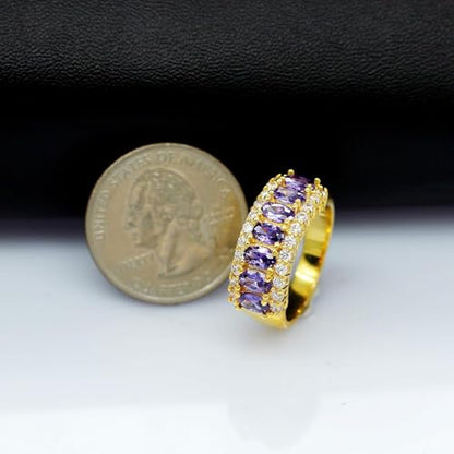 Uloveido Beautiful Women's 7 Stones Wedding Band Oval Cubic Zirconia Engagement Anniversary Rings J501 - color: Gold-Purple