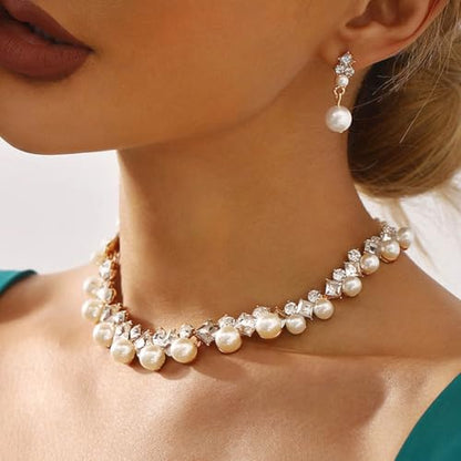 Gangel Rhinestone Necklace Earring Set Faux Pearl Necklace and Dangle Earrings Wedding Bridal Jewelry Crystal Necklaces for Women