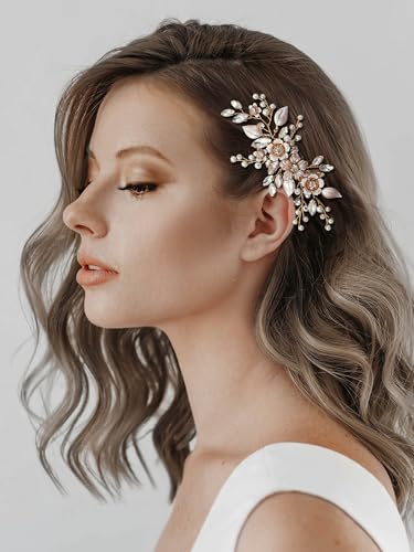 SWEETV Hair Comb, Handmade Rose Gold Bridal Hair Accessory for Weddings and Brides - 4.72 * 2.75 Inch, 2.Rose Gold | Handmade Gold Hair Piece Wedding Hair Accessories, Bridal Hair Comb Bridal Hair Pieces Wedding Hair Clip 4.72 * 2.75 Inch - color: 2.Rose