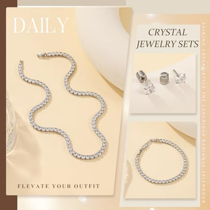 Tennis Jewelry Set for Women 4mm Cubic Zirconia Necklace Bracelet Earring 3Pcs Set Silver Tone Hypoallergenic Iced Out CZ Bridal Accessories Dainty Wedding Party Anniversary Birthday Gift for Her - color: silver 16 inches