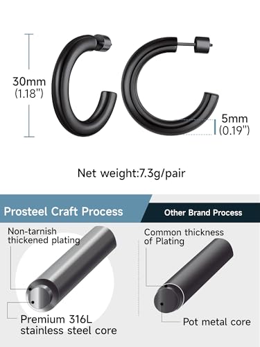 PROSTEEL Chunky Hoop Earrings for Women 14K Gold Plated/Black/Silver | 20/30/40/50/60/70/80mm Stainless Steel Thick Big Round Hoop with Waterproof and Non Tarnish Trendy Jewelry with Gift Box - color: 2. Black, size: 30MM
