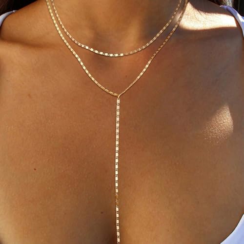 Dcfywl731 Minimal Dainty Gold Plated Dangle Earrings Layered Bar Pendant Neckalce Gold Long Y-Necklace Gold Earrings and Necklaces Set Delicate Lariat Chain Jewelry for Women - color: BLACK