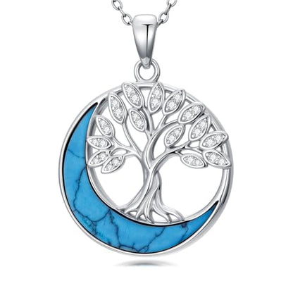 925 Sterling Silver Turquoise Moon Pendant Necklace for Women, Snake/Flower/Bow/Tree of Life/Star Moon Necklace, Dainty Jewelry for Daily Wear & Gifts - style: Style 1