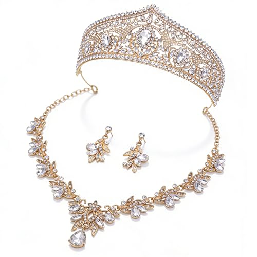 Princess Tiara Crown and Jewelry Sets for Women Wedding Rhinestone Crystal Tiaras and Crowns with Necklace Earrings Party Birthday Accessories - color: Gold White