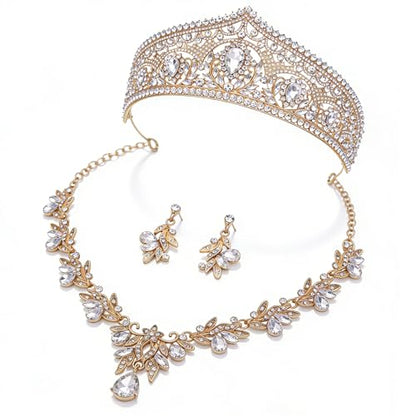 Princess Tiara Crown and Jewelry Sets for Women Wedding Rhinestone Crystal Tiaras and Crowns with Necklace Earrings Party Birthday Accessories - color: Gold White