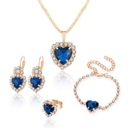 4 Pcs Heart Jewelry Set for Women fashion Cubic Zirconia Pendant Necklace Bracelet Earrings Dainty Open Ring Charm Prom Party, Birthday Valentines Mothers Day Christmas Jewelry Gift - style: Royal Blue