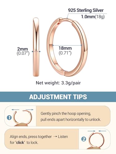 PROSTEEL Huggie Hoop Earrings For Women with 925 Sterling Silver Post | 8/10/12/14/16/18/20mm,14K Gold Plated/Black/Rose Gold/Silver Brass Lightweight Cubic Zirconia Cartilage Piercing Earring - color: 1. Rose Gold, size: 18mm